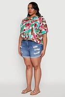 Womens Plus Size Tropical Leaf Print Shirt, Multi, Size 1X