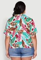 Womens Plus Size Tropical Leaf Print Shirt, Multi, Size 1X