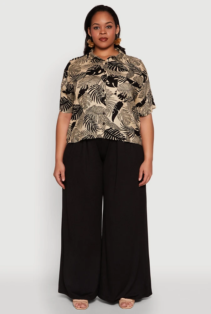 Womens Plus Size Tropical Leaf Print Button Front Shirt, Beige, Size 3X
