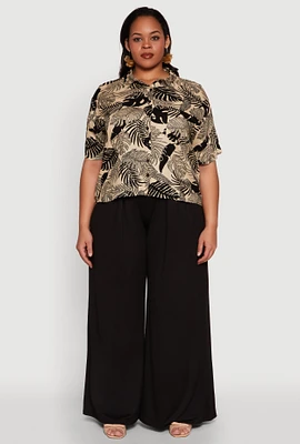 Womens Plus Size Tropical Leaf Print Button Front Shirt, Beige, Size 3X