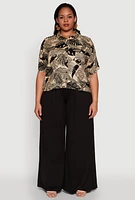 Womens Plus Size Tropical Leaf Print Button Front Shirt, Beige, Size 3X