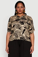 Womens Plus Size Tropical Leaf Print Button Front Shirt, Beige, Size 3X