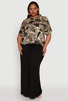 Womens Plus Size Tropical Leaf Print Button Front Shirt, Beige, Size 3X