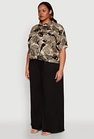 Womens Plus Size Tropical Leaf Print Button Front Shirt, Beige, Size 3X