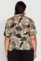 Womens Plus Size Tropical Leaf Print Button Front Shirt, Beige, Size 3X