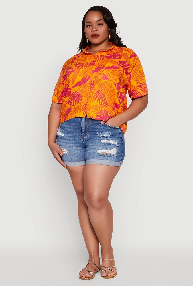 Womens Plus Tropical Leaf Print Button Front Shirt, Orange,