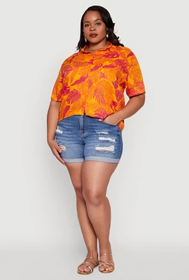 Womens Plus Tropical Leaf Print Button Front Shirt, Orange,