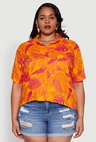 Womens Plus Tropical Leaf Print Button Front Shirt, Orange,