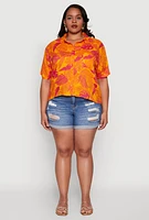 Womens Plus Tropical Leaf Print Button Front Shirt, Orange,