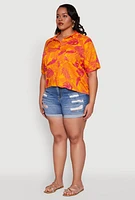 Womens Plus Tropical Leaf Print Button Front Shirt, Orange,