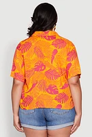 Womens Plus Tropical Leaf Print Button Front Shirt, Orange,