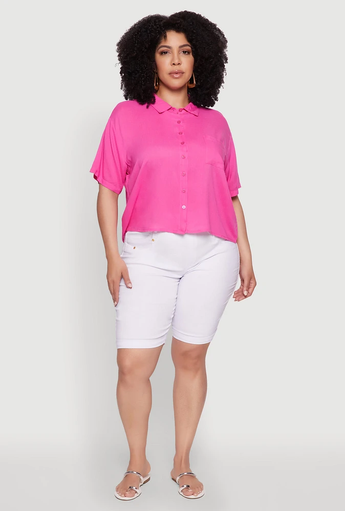 Womens Plus Chic Boxy Button Front Short Sleeve Shirt, Pink,
