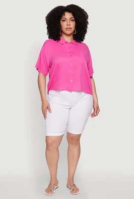 Womens Plus Chic Boxy Button Front Short Sleeve Shirt, Pink,