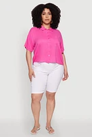 Womens Plus Chic Boxy Button Front Short Sleeve Shirt, Pink,