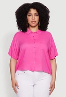 Womens Plus Chic Boxy Button Front Short Sleeve Shirt, Pink,