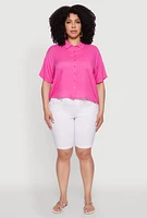 Womens Plus Chic Boxy Button Front Short Sleeve Shirt, Pink,