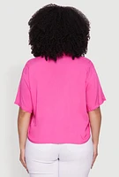 Womens Plus Chic Boxy Button Front Short Sleeve Shirt, Pink,