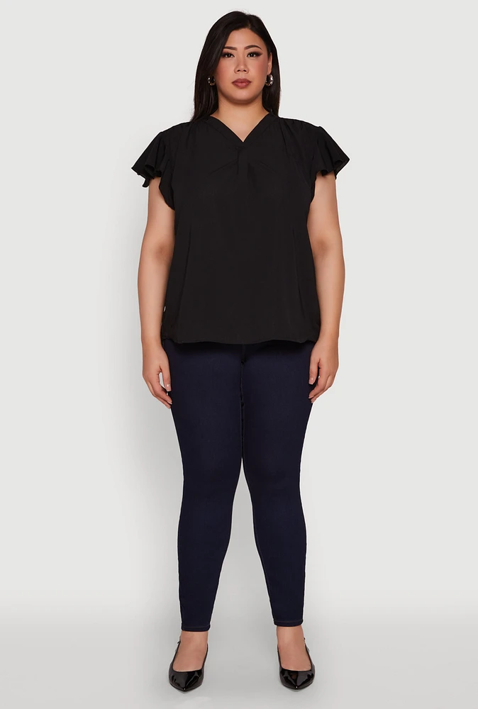 Womens Plus Chic V Neck Flutter Sleeve Blouse,