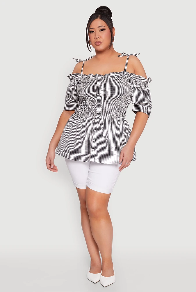 Womens Plus Size Striped Tie Strap Cold Shoulder Blouse, Multi, Size 1X