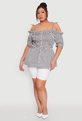 Womens Plus Size Striped Tie Strap Cold Shoulder Blouse, Multi, Size 1X