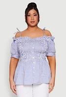 Womens Plus Size Striped Tie Strap Cold Shoulder Blouse, Blue, Size 2X