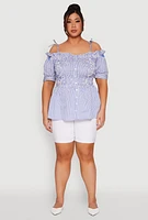 Womens Plus Size Striped Tie Strap Cold Shoulder Blouse, Blue, Size 2X