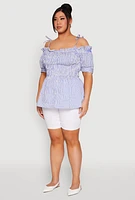 Womens Plus Size Striped Tie Strap Cold Shoulder Blouse, Blue, Size 2X