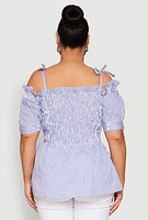 Womens Plus Size Striped Tie Strap Cold Shoulder Blouse, Blue, Size 2X
