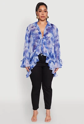 Womens Plus Size Sheer Printed Ruffle Tie Front Top, Blue, Size 3X