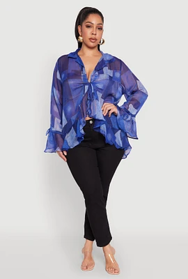 Womens Plus Size Sheer Printed Ruffle Tie Front Top, Blue, Size 3X