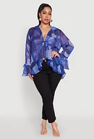 Womens Plus Size Sheer Printed Ruffle Tie Front Top, Blue, Size 3X