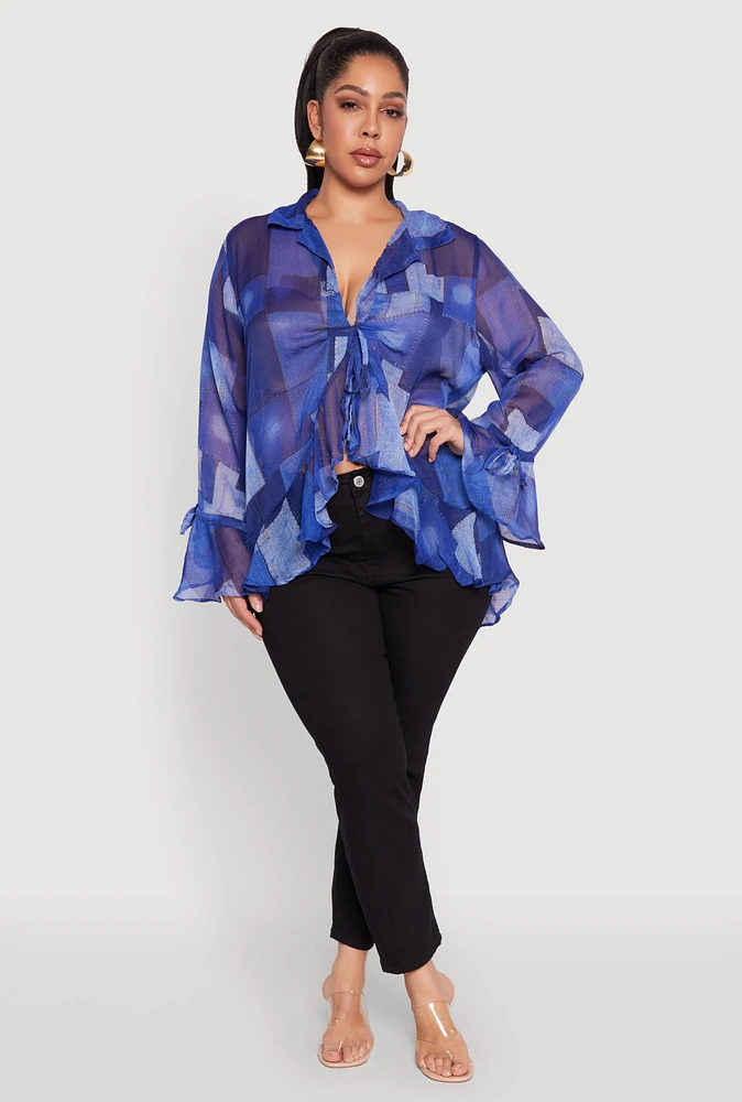 Womens Plus Size Sheer Printed Ruffle Tie Front Top, Blue, Size 2X