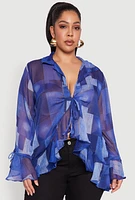 Womens Plus Size Sheer Printed Ruffle Tie Front Top, Blue, Size 3X