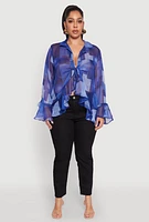 Womens Plus Size Sheer Printed Ruffle Tie Front Top, Blue, Size 3X