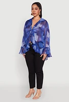 Womens Plus Size Sheer Printed Ruffle Tie Front Top, Blue, Size 3X