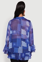 Womens Plus Size Sheer Printed Ruffle Tie Front Top, Blue, Size 3X