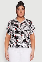 Womens Plus Size Face Printed Button Front Shirt, Multi, Size 1X