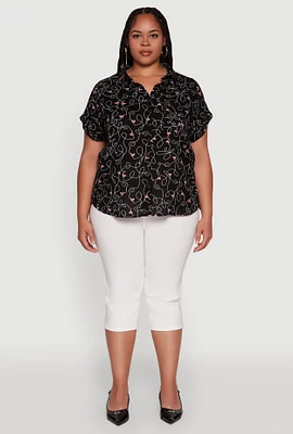 Womens Plus Swirl Face Print Button Front Shirt, 1X
