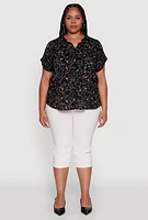 Womens Plus Swirl Face Print Button Front Shirt, 1X