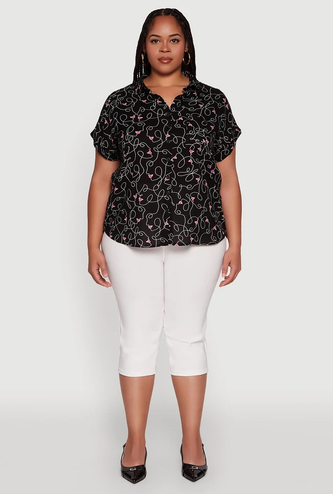 Womens Plus Size Swirl Face Print Button Front Shirt, Black, Size 2X