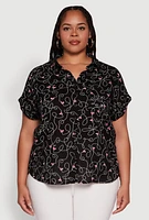 Womens Plus Swirl Face Print Button Front Shirt, 1X