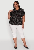 Womens Plus Swirl Face Print Button Front Shirt, 1X