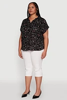 Womens Plus Swirl Face Print Button Front Shirt, 1X