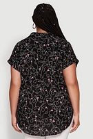 Womens Plus Swirl Face Print Button Front Shirt, 1X