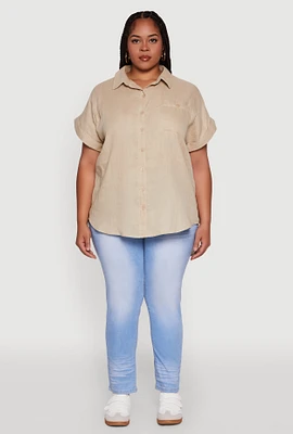Womens Plus Short Sleeve Rolled Cuff Shirt, 1X
