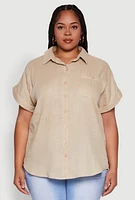 Womens Plus Short Sleeve Rolled Cuff Shirt, 1X