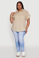 Womens Plus Short Sleeve Rolled Cuff Shirt, 1X