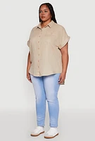 Womens Plus Short Sleeve Rolled Cuff Shirt, 1X