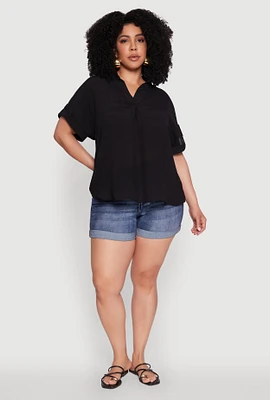Womens Plus Gauze Knit Button Front Short Sleeve Shirt,