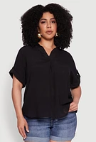 Womens Plus Gauze Knit Button Front Short Sleeve Shirt,